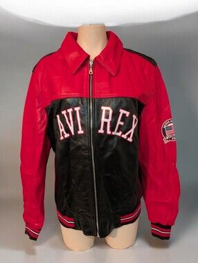 AVIREX Leather Jacket – Red/Black – 1975 Patch – Rare Vintage Bomber | XL Size